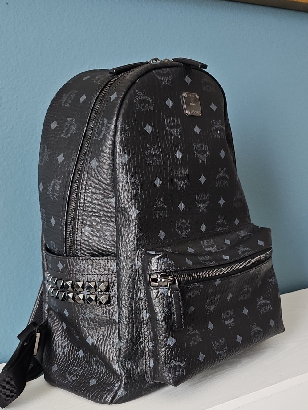 MCM Black Logo Monogram Studded Leather Backpack